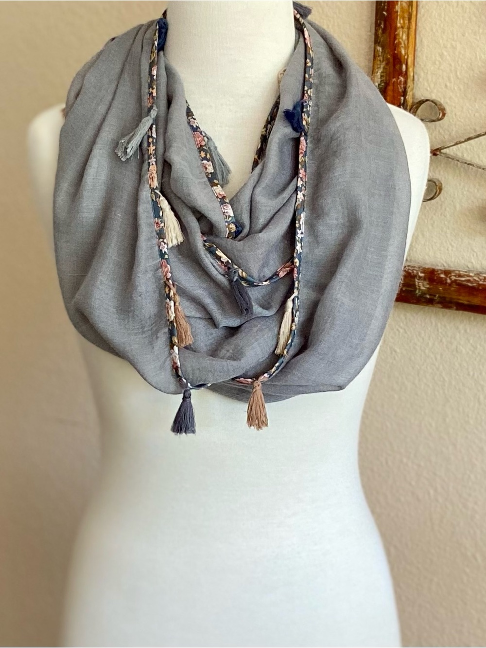 Scarf ~ Infinity Style - Gray Lightweight - Floral Print Trim - Tassels